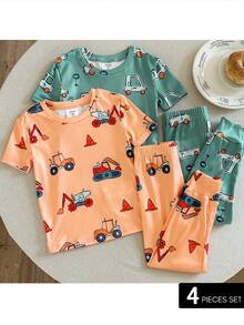 4 buc/set pijamale pentru băieți, model de mașină cu desene animate, tricotate, casual, cu guler rotund, tricou și colanți