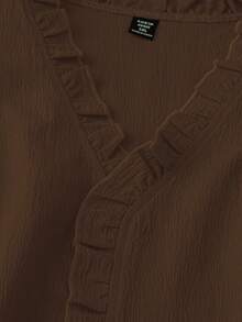 SHEIN LUNE CURVE 大码女式无袖V领连衣裙，袖口和领口饰有荷叶边，休闲舒适，适合日常通勤 - 棕色 - 查看 4