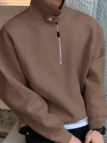 DAZY Men's Solid Color Polo Collar Adjustable Button Design Pullover Pullover Sweatshirt, Autumn/Winter - Brown - View 4