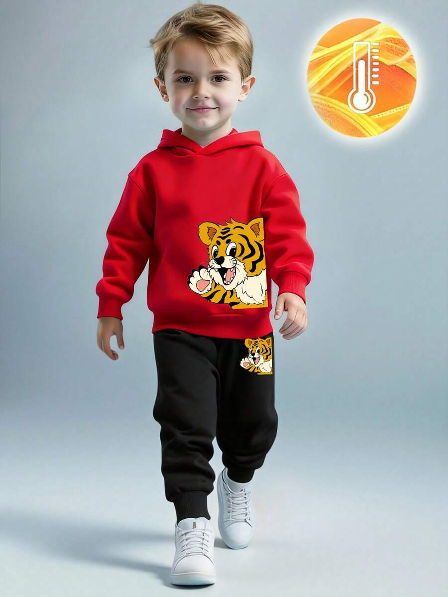 1 Set Young Boy Fashionable Cartoon Tiger Print Fleece Hoodie And Sweatpants Set For Autumn,Career Day,Back-To-School,Red Hoodie And Black Pants Set - Multicolor - View 1