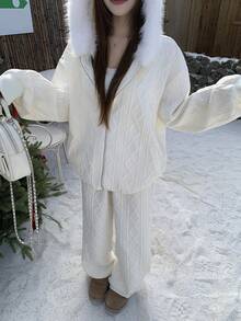 DAZY 女士几何纹理落肩拉链连帽卫衣和裤子休闲宽松两件套家居服套装 - 白色 - 查看 5