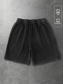 ROMWE MEN Pantalones cortos sueltos de verano para hombres, con estampado de letras, cintura con cordón y bolsillos en diagonal, para uso casual, moda callejera y viajes diarios - Negro - Ver 2