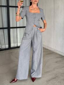 Lavishia Women's Elegant Square Neck Design Gray Pant Suit,Summer Holiday Outfits Office Wide Leg Pants Set,Casual Two Piece Set Clothes - Grey - View 5