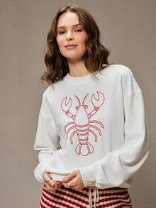 WESTFADE Crewneck Lobster Embroidered Long Sleeve Relaxed Cotton Blend French Terry Sweatshirt Fall, Autumn, Winter, Casual Cute, Boho, Resort - White - View 2