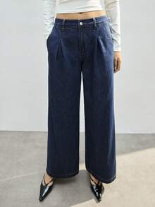 Maija 女士纯色褶裥口袋休闲牛仔裤 - 深色水洗藍 - 查看 5