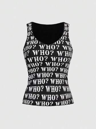 J-Fashion Süß & Cool Baddie WER? Grafik V-Ausschnitt anliegendes Trägershirt