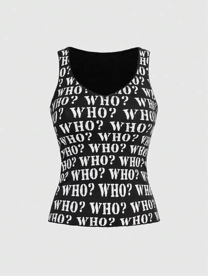 J-Fashion Camiseta de tirantes ajustada con cuello en V y gráfico "Sweet & Cool Baddie WHO?"