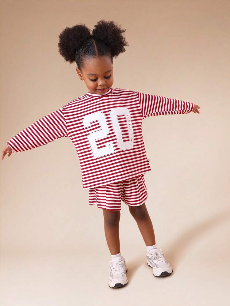 Striped T-Shirt And Shorts Set With Number Print