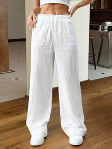 SHEIN EZwear Women's White Woven Wide Leg Pants