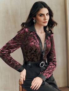 Anewsta Women's Red Cinched Waist Floral Elegant Long Sleeve Contrast Color Blouse - Red - View 2