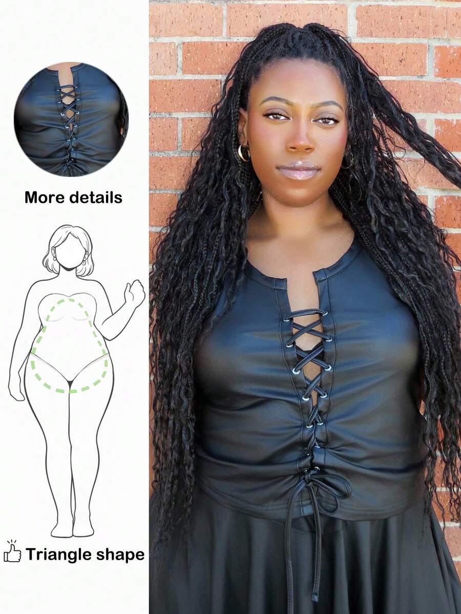 Truni Plus Size Sexy Streetwear Negru PU Cu cravată în față Camisole Top, toamnă - Negru - Vizualizare 1