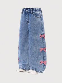 SHEIN Playful Pals 年轻女孩百搭时尚破洞阔腿蓝色牛仔裤，90年代风格 - 藍色 - 查看 3