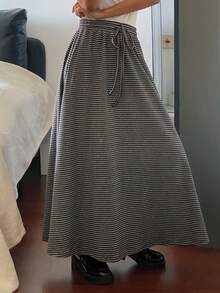 Livesso Striped, Plaid & Color Block Loose A-Line Skirt, Casual Business Style, Suitable For Spring, Summer, Autumn, Holiday, Street Fashion, Tie-Up Waist - Dark Grey - View 4