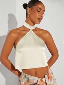 Hauture 纯色性感露背系带露脐上衣 - 杏色 - 查看 4