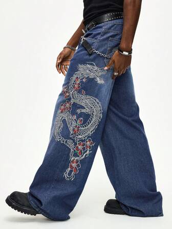 Street Life Jeans casuales anchos y sueltos con estampado de dragón chino para hombres