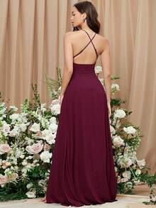 SHEIN Belle 纯色开衩下摆优雅露背伴娘礼服 - 紫紅色 - 查看 2