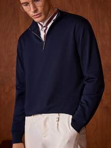 VeloEdit Men's Solid Color Long Sleeve Casual Zip-Up Stand Collar Sweater, Autumn/Winter Fall Winter - Navy Blue - View 9