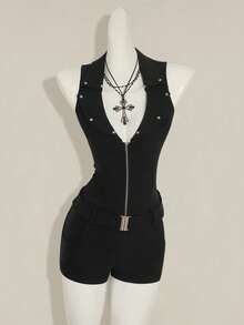 SHEIN ICON Y2K Damen Grunge Goth Schwarzer Sexy Sommer Lässig Gothic Stil Nieten Kragen Reißverschluss Vorne Figurbetonter Jumpsuit - Schwarz - Übersicht 4