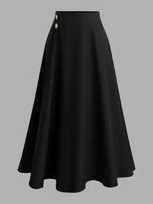 DreamSkyne Bộ đồ 2 mảnh cỡ lớn dành cho nữ: Bộ đồ công sở thanh lịch gồm áo dài tay và chân váy chữ A, được trang trí bằng cúc lớn, phù hợp cho mùa xuân, hè, thu và đông. - màu đen - Xem 3