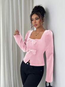 Elenzga Blusa corta de ajuste ceñido con mangas abullonadas, decorada con lazo de terciopelo de unicolor, elegante para uso casual, ir al trabajo, vacaciones, té de la tarde, fiesta de Navidad