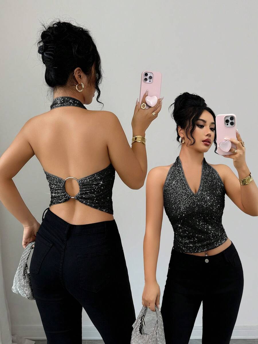 Elenzga Áo hai dây hở lưng cổ chữ V đính sequin lấp lánh cỡ lớn có khoét lưng, trang trí vòng kim loại, phong cách tối giản thanh lịch kiểu Pháp, thích hợp cho Halloween, Giáng sinh, Lễ tạ ơn, Trà chiều, Tiệc tùng, Những dịp bán trang trọng, Thu/Đông - màu đen - Xem 1