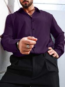 Manfinity Homme Áo sơ mi tay dài màu trơn cỡ lớn dành cho nam, phù hợp để đi làm hàng ngày, mùa xuân/thu - Màu tím - Xem 5
