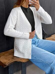 EURMUSE Women Floral 3d Embroidery Detailed Button Front Drop Shoulder Loose Fit Cardigan - Beige - View 5