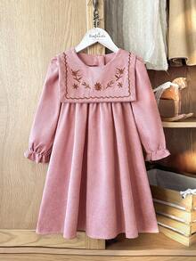 Vintaside Kids 女童花卉刺绣长袖修身连衣裙，甜美风格，适合外出、休闲穿着、生日派对、节日等场合。 - 粉色 - 查看 3