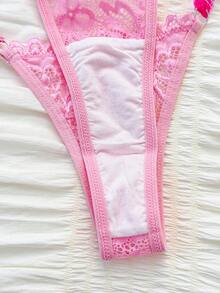PetitDoll 2pcs/Set Lace Bra With Ruffle Strap + Lace Panty With Bow, Sweet & Cute Lingerie Set, Suitable For Daily Wear - Pink - View 6