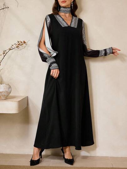 Al Najma New  Women's Geometric Pattern Slit Long Sleeve Elegant Arabic Dress Kaftan Jalabiya Dress