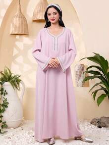 SHEIN Teen Girls' Elegant Luxurious Beaded & Rhinestone Embellished Arabic Style Dress, Spring/Summer - Pink - View 6