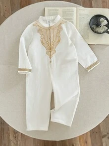 SHEIN Newborn Baby Boy Baroque Gold Floral Pattern Mandarin Collar Long Sleeve Romper, Suitable For Formal Occasions, Birthday Parties, Raves, Galas, Performances, Weddings, Month Celebrations, Christenings And 1st Birthday Parties Baby Boy Christening Suit Baby Vintage Clothes - Multicolor - View 7