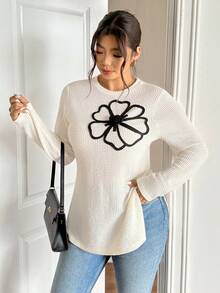 Lounesse Camiseta de punto con cuello redondo y diseño de abertura lateral para mujer talla grande, camiseta casual cómoda de talla grande - Beis - Ver 1