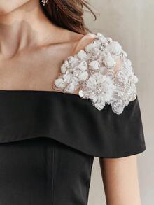 Anewsta Váy ôm eo đính cườm hoa hở vai thanh lịch cho tiệc sinh nhật, tiệc tối - màu đen - Xem 1