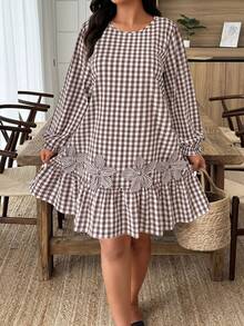 Weeklong 大码女式撞色格纹连衣裙，饰有3D立体花卉图案，秋冬款 - 彩色 - 查看 3