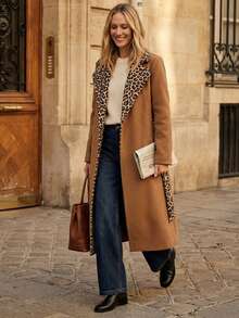 Écloséra Abrigo largo con estampado de leopardo, cuello de solapa, parches y manga larga, de estilo casual y elegante, para mujer, para otoño/invierno - Marrón - Ver 2