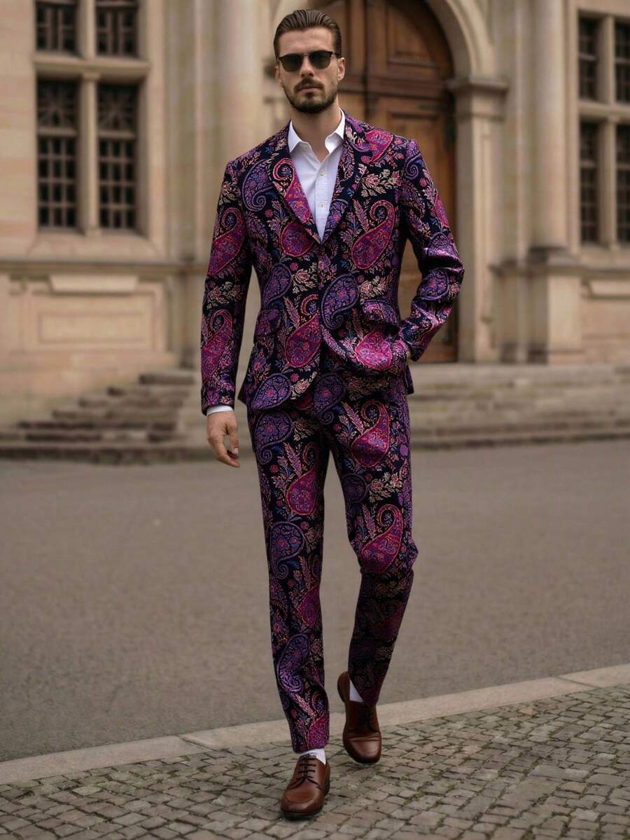 HIMLAND 2pcs Men's Casual Printed Suit Jacket And Pants Set Men Two Piece Jacket Suit Men S Silk Set Tuxedo Men Dashiki Suits Floral Suit Men Men Suits With Design