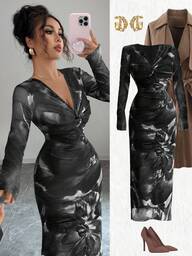 Elenzga Damen Schwarzes Blumenmuster Winter Elegantes Date Mesh Blumenmuster Kleid, Schicker Kreuz-Twist V-Ausschnitt Bodycon Silhouette Schlitz, Pendeln Party Zusammenkunft