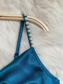 Franclia 女士优雅缎面珍珠吊带裙，A 字廓形，适合通勤、派对和活动 - 水鴨藍 - 查看 5