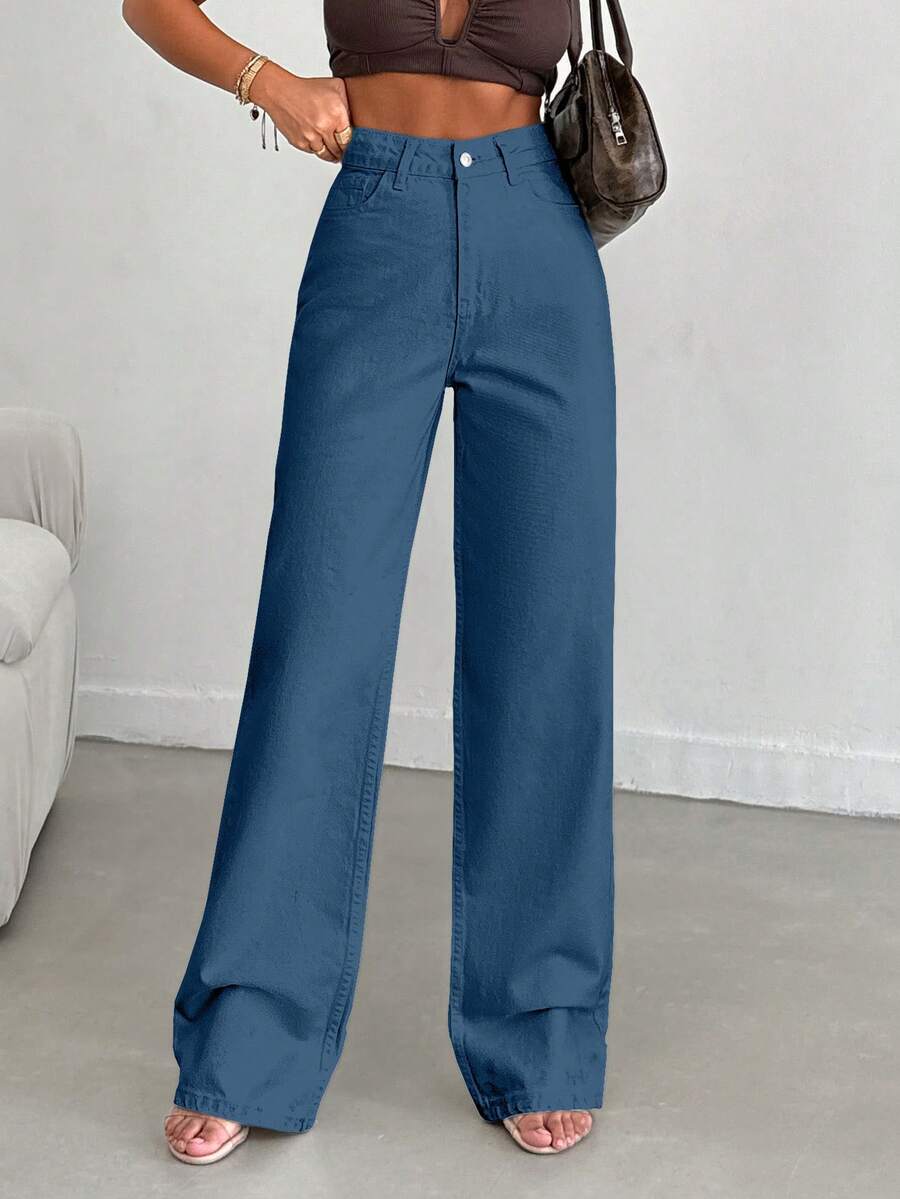 EURMUSE 100%Cotton Women's Pocket Straight Loose Casual Versatile Jeans - Blue - View 1