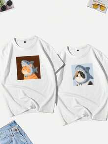 Playeras para parejas, gatos, tiburon, animado, dibujo, amor, aniversario regalo,, unisex, DOS PIEZAS , hombre, mujer - Blanco - Ver 4