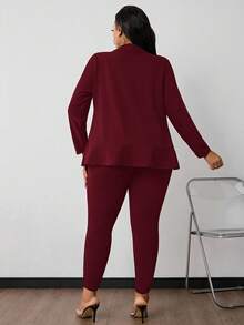 SHEIN PETITE CURVE Traje de oficina de 2 piezas de unicolor para mujer de talla grande con blazer de 3/4 de manga y pantalones, casual de negocios para otoño/invierno - Rojo violeta - Ver 2