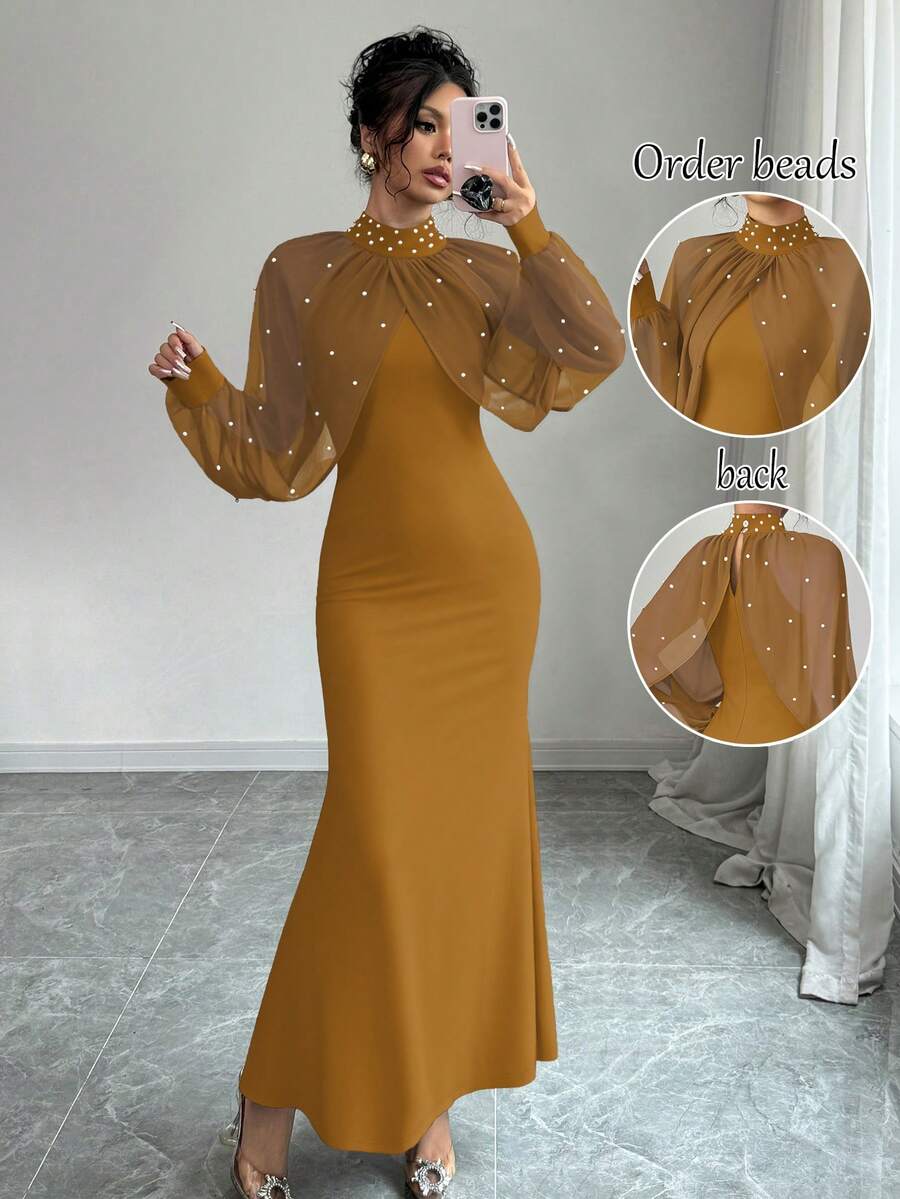 Elenzga Robe sirène avec col perlé élégant, tenue maxi femme pour l'automne - Orange - Voir 1