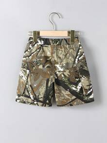 Quần short denim dáng rộng thiết kế túi hộp họa tiết rằn ri cổ điển dành cho bé trai, thoải mái khi mặc hàng ngày - xanh quân đội - Xem 2