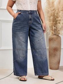 EMERY ROSE 大码女式街头休闲深蓝色复古无弹直筒牛仔裤 - 深色水洗藍 - 查看 6