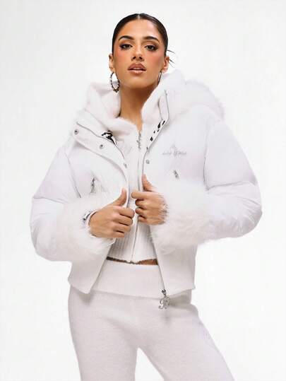 BABYPHAT Luxury Faux Fur Hood Puffer Coat Winter Quilted Down Jacket With Decorative Zipper Details And Rhinestone Accents For Cold Weather