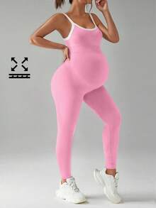 SHEIN 孕妇撞色露背运动连体裤 - 粉色 - 查看 1