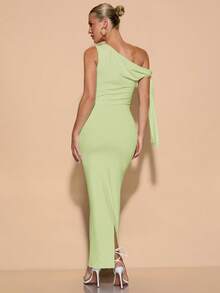 SHEIN BAE Váy xòe xếp ly lệch vai màu trơn thanh lịch cho nữ, mùa tốt nghiệp - Màu xanh chanh - Xem 2