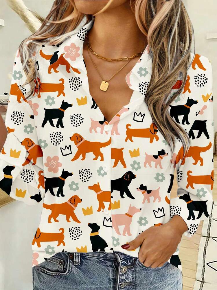 Casual Minimalist Cartoon Animal Pattern Women Shirt, Suitable For Autumn/Winter Cute Shirt For Women Dog Print Shirt Women's Long Sleeve Shirt Cartoon Shirts Women Dog Shirt