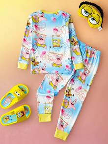 SpongeBob SquarePants | SHEIN 2pcs/Set Young Boy Ocean Cartoon Pattern Crew Neck Long Sleeve Top And Pants Knit Comfortable Casual Stretchy Pajama Set